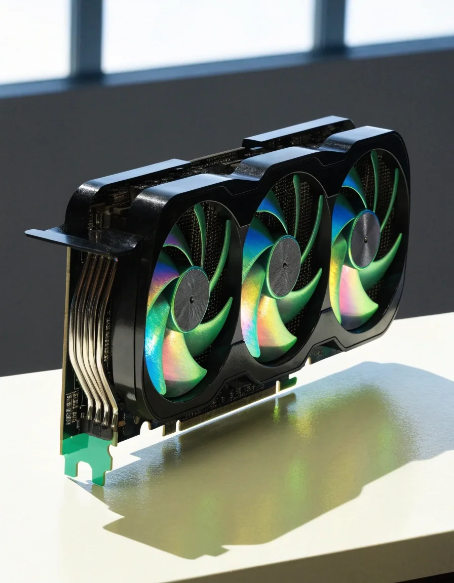 커스텀 쿨러 설계가 드러나게 옆모습으로 세운 AORUS 라데온 그래픽카드