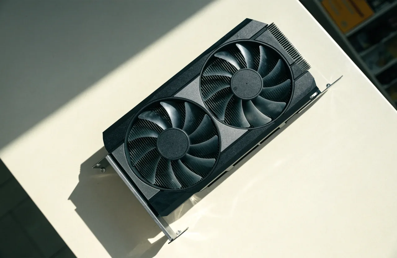 위에서 내려다본 RTX 5060 Ti 그래픽카드의 팬과 백플레이트