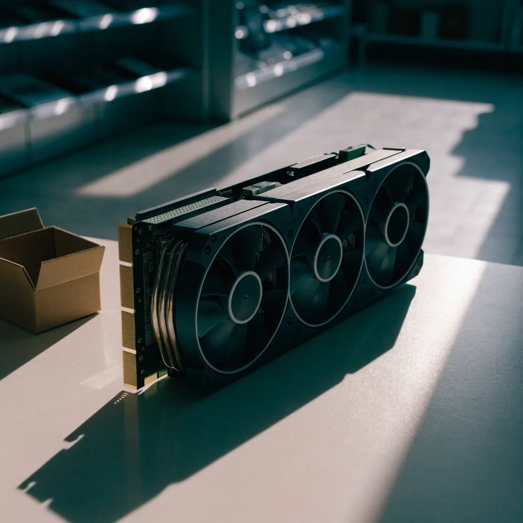 카운터 위에 세워 둔 RTX 4070 Ti SUPER 카드와 작은 박스