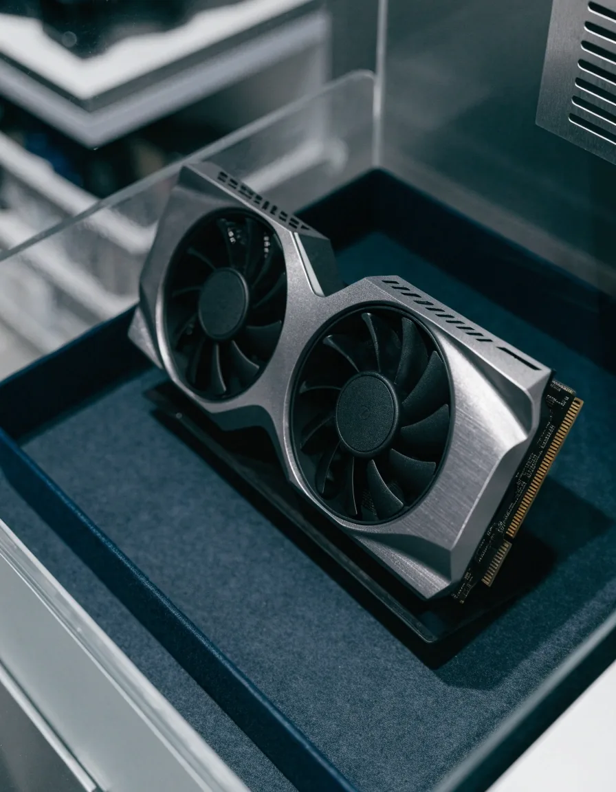 듀얼 팬 쿨러가 위로 보이게 카운터에 놓인 RTX 5060 Ti 그래픽카드